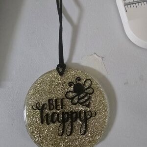 Gold Glitter Bee Happy Reareview Mirror Charm